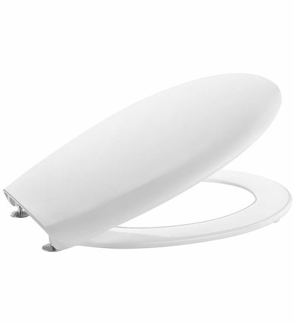 White Roca Victoria toilet seat for bathroom, measuring 36 x 44.6 cm, with a durable, smooth surface and ergonomic design.