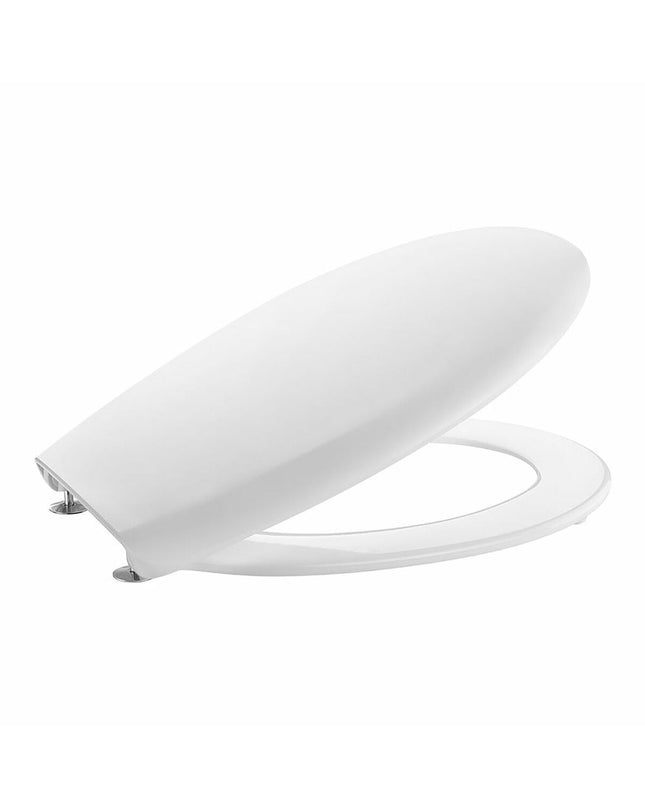 White Roca Victoria toilet seat for bathroom, measuring 36 x 44.6 cm, with a durable, smooth surface and ergonomic design.