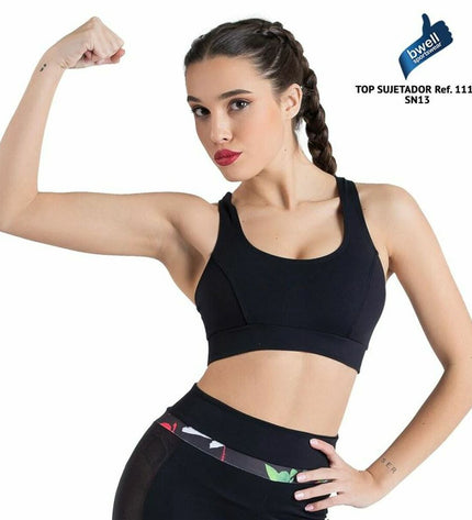 Black Happy Dance sport top for women, ideal for dance and outdoor activities, shown on a model.