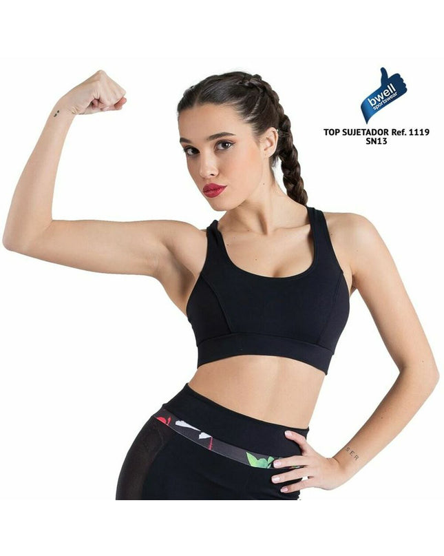 Black Happy Dance sport top for women, ideal for dance and outdoor activities, shown on a model.