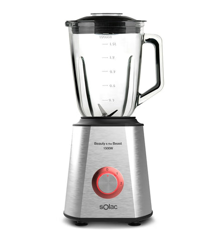 Solac BV5728 red transparent and silver 1500W mixer with 1.5L capacity on a kitchen countertop.