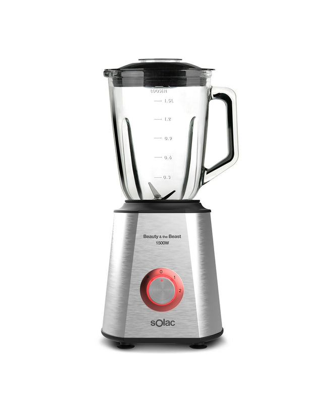 Solac BV5728 red transparent and silver 1500W mixer with 1.5L capacity on a kitchen countertop.