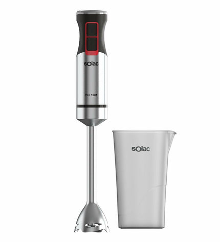 Solac BA5615 hand blender with 1200W power, featuring a sleek design and detachable blending arm for kitchen and cooking tasks.