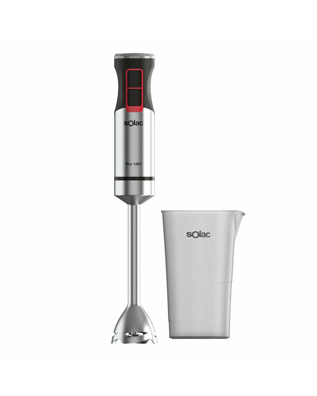 Solac BA5615 hand blender with 1200W power, featuring a sleek design and detachable blending arm for kitchen and cooking tasks.