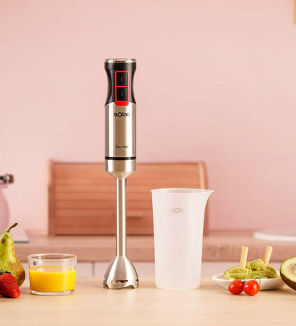 Solac BA5615 hand blender with 1200W motor, stainless steel blending shaft, and ergonomic handle for kitchen use.