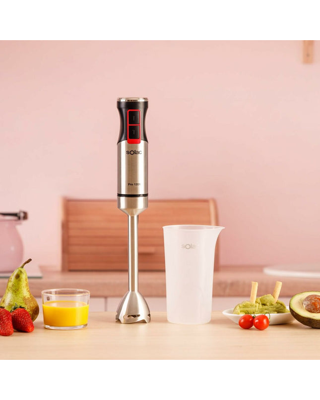Solac BA5615 hand blender with 1200W motor, stainless steel blending shaft, and ergonomic handle for kitchen use.