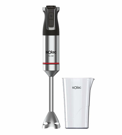 Black Solac hand blender with ergonomic handle and stainless steel blending shaft, ideal for small kitchen tasks.