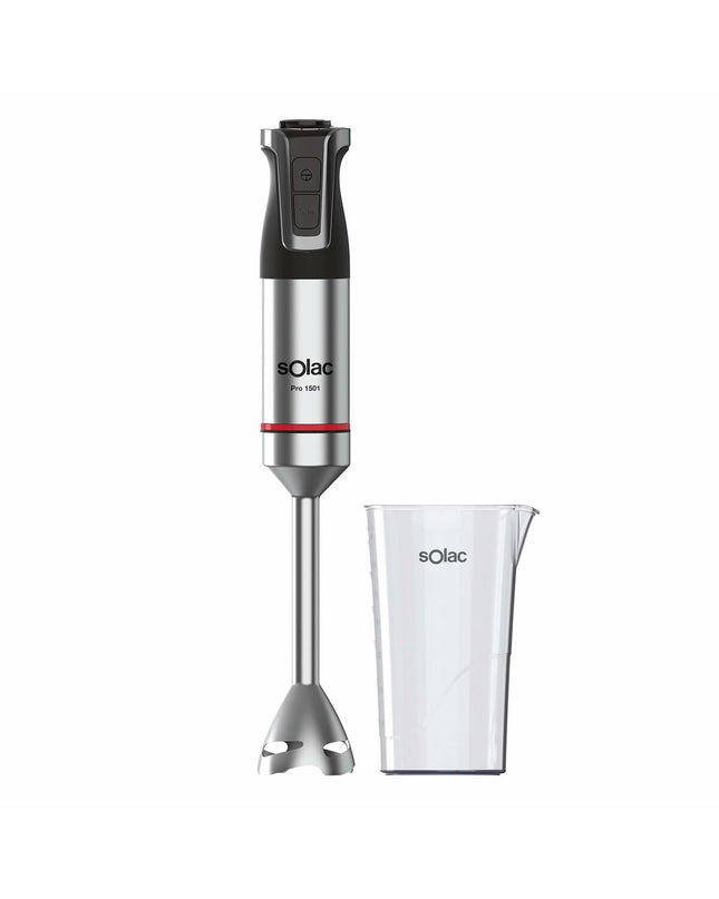 Black Solac hand blender with ergonomic handle and stainless steel blending shaft, ideal for small kitchen tasks.