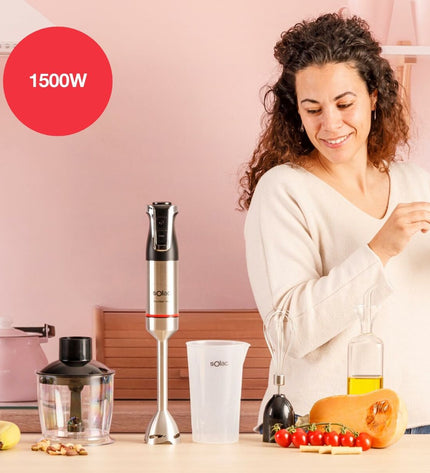 Solac BA5618 hand blender with black handle and stainless steel blending shaft, designed for kitchen and cooking tasks.