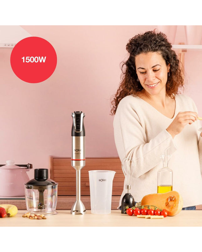 Solac BA5618 hand blender with black handle and stainless steel blending shaft, designed for kitchen and cooking tasks.