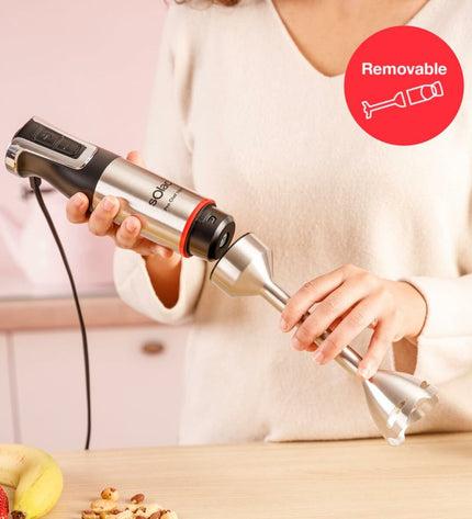 Solac BA5618 hand blender with black body and stainless steel blending shaft, ideal for kitchen and cooking tasks.