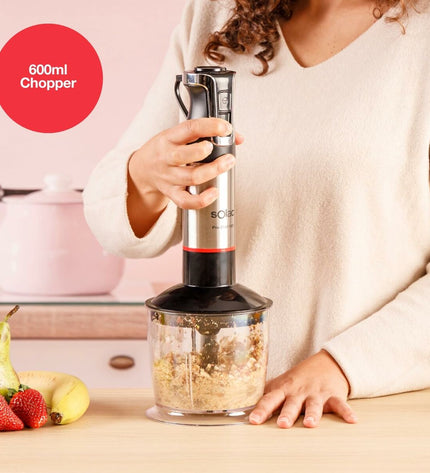 Solac BA5618 hand blender with black handle and stainless steel blending shaft, suitable for kitchen and cooking tasks