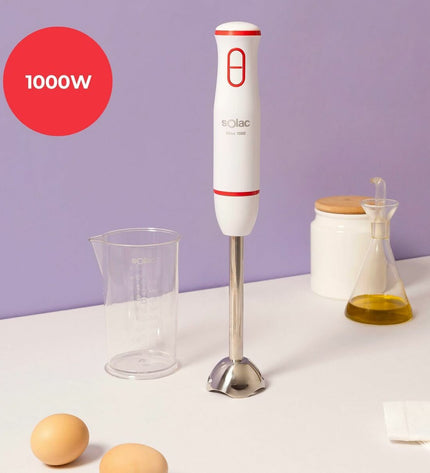 Solac BA5625 hand blender in white and red with 1000W power, suitable for kitchen mixing and blending tasks.