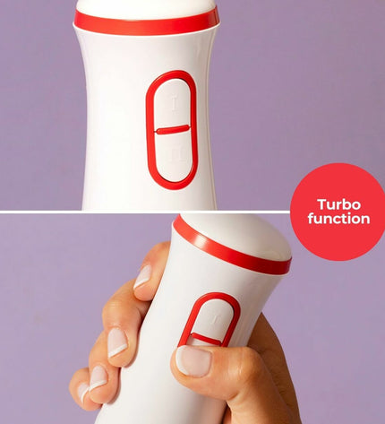Solac BA5625 hand blender with red handle and 1000W power, suitable for kitchen and cooking tasks, on kitchen countertop.