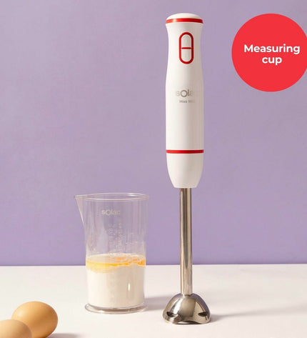 Solac BA5625 hand blender with red and white design, 1000W, featuring a blending shaft and control buttons for kitchen use.