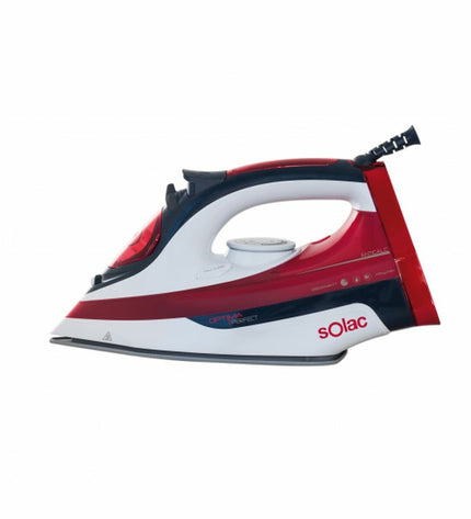 Solac PV2014 Optima steam iron with 2600W power, white and blue design, featuring a water tank and iron soleplate.