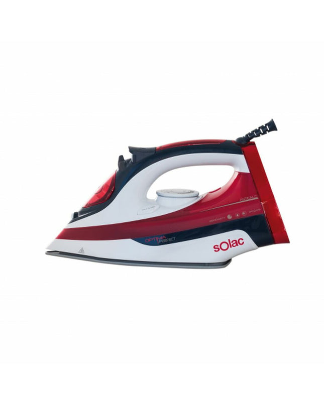 Solac PV2014 Optima steam iron with 2600W power, white and blue design, featuring a water tank and iron soleplate.