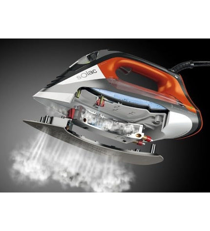 Solac CVG9511 steam iron with adjustable temperature control and ergonomic handle for effective clothing ironing.