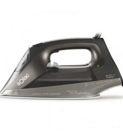 Solac S91868300 steam iron with 2400W power, steam output 45g/min, in white and gray, on a ironing board.