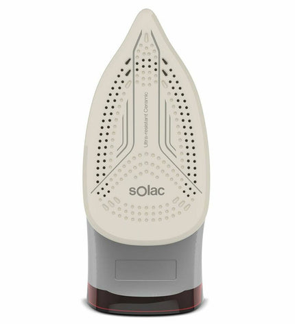 Solac PV2029 steam iron with 2800W power, white and gray design, shown with cord and control dial for household use