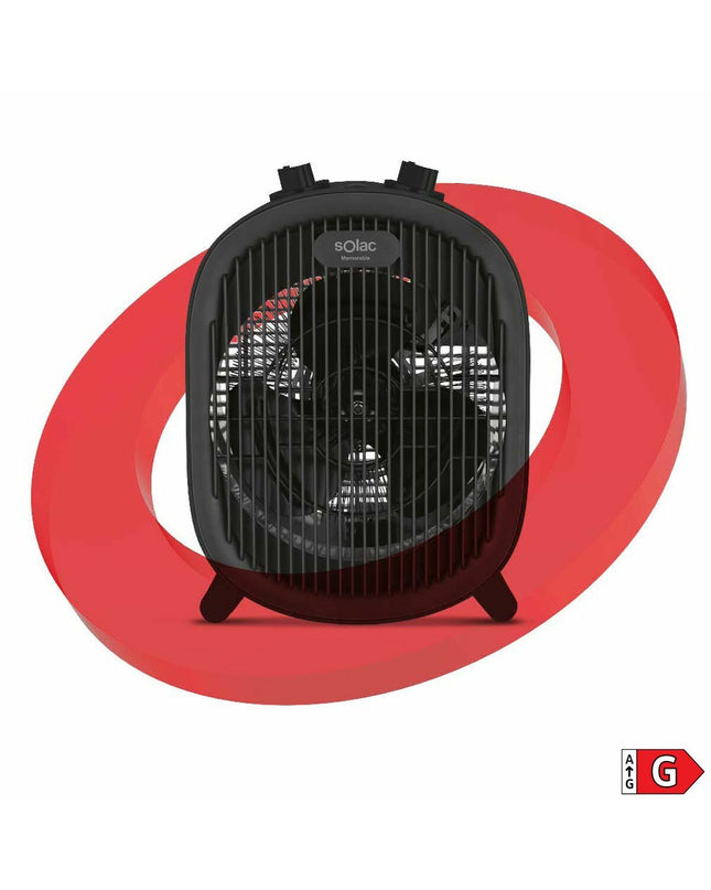 Solac TV8436 black portable heater with 2000W power, ideal for home heating and cooling, featuring a sleek compact design.