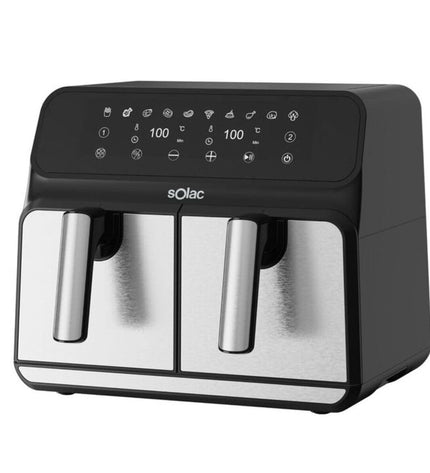 Black Solac FA1520 air fryer with 8-liter capacity and 1700W power for household cooking, shown on a kitchen countertop.
