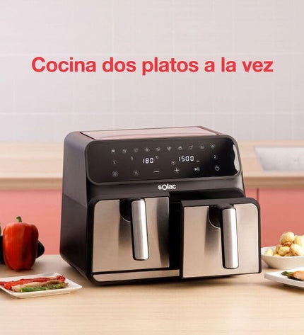 Black Solac FA1520 air fryer with 8-liter capacity and 1700W power, shown on a kitchen countertop.