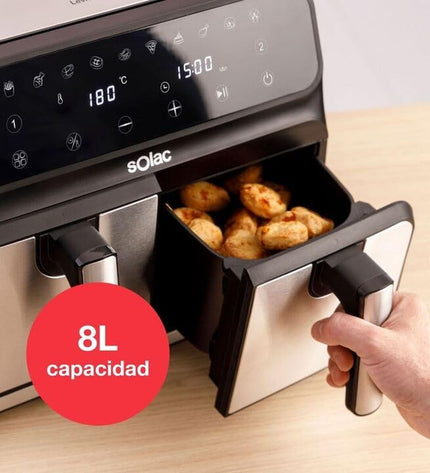 Solac FA1520 black air fryer with 8-liter capacity and 1700W power, compact kitchen appliance for healthy frying.