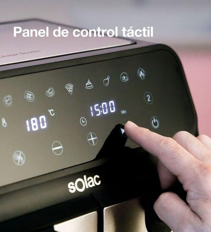 Solac FA1520 black air fryer with 8-liter capacity and 1700W for home cooking, small electric kitchen appliance.
