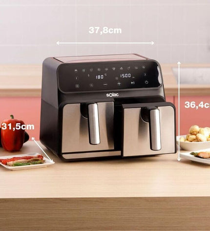 Solac FA1520 black air fryer with 8-liter capacity and 1700W power, compact kitchen appliance for healthy frying.