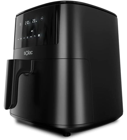 Solac FA1521 black air fryer with 7-liter capacity and 1650W power, compact kitchen appliance for healthy frying.