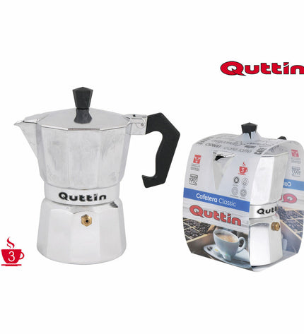 Set of six Quttin Italian coffee pots for home brewing, made of stainless steel with black handles, designed for stovetop use.