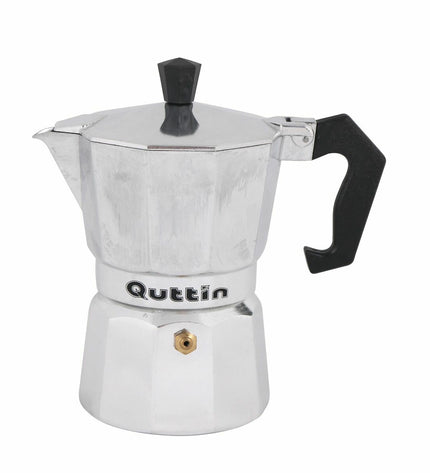 Set of six Quttin Italian coffee pots, traditional stovetop moka style, made of stainless steel for brewing espresso-style coffee.