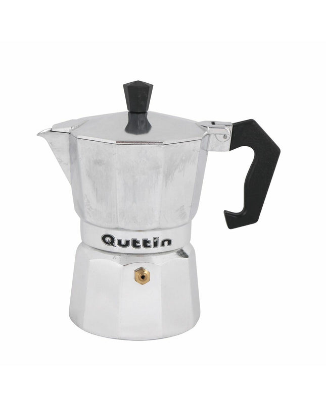 Set of six Quttin Italian coffee pots, traditional stovetop moka style, made of stainless steel for brewing espresso-style coffee.