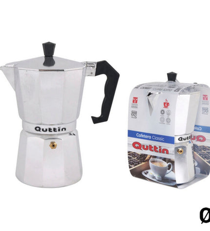 Quttin Italian coffee pot in stainless steel and aluminum, ideal for brewing espresso-style coffee on the stove.