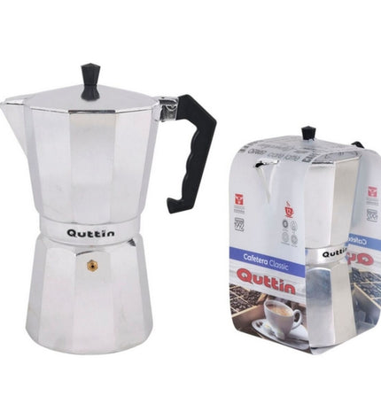 Quttin Italiaanse koffiepot in roestvrij staal en aluminium, geschikt voor huis en koken, perfect voor koffie en thee.