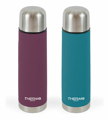 Set of six ThermoSport stainless steel outdoor thermoses for camping and hiking, shown in a group with outdoor gear.