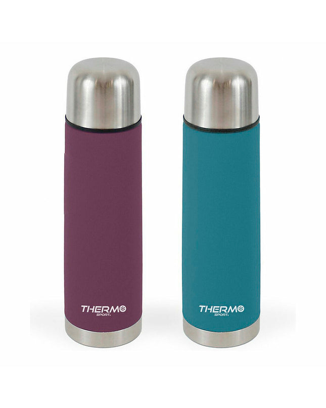 Set of six ThermoSport stainless steel outdoor thermoses for camping and hiking, shown in a group with outdoor gear.