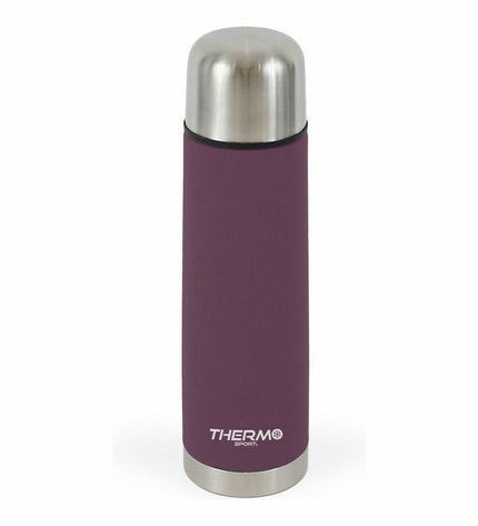Set of six ThermoSport stainless steel travel mugs for camping and outdoor activities, featuring durable design and spill-proof lids.