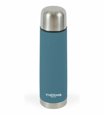 Set of six ThermoSport stainless steel sports thermoses for outdoor camping and hiking, with sleek design and secure lids.