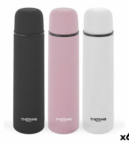 Set of six ThermoSport stainless steel thermoses for sports, outdoor, camping, and hiking activities, shown in a group.
