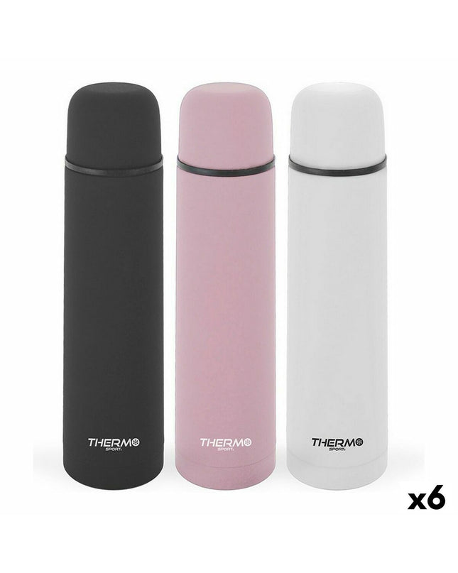Set of six ThermoSport stainless steel thermoses for sports, outdoor, camping, and hiking activities, shown in a group.