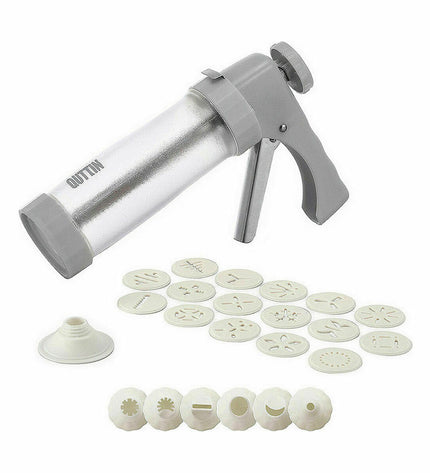 Quttin koekjespers set with 16 plus 6 baking cookie cutters, ideal for home baking and kitchen use.