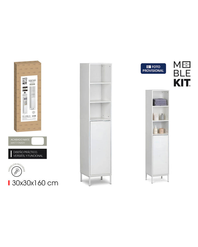 MobleKit white bathroom wall cabinet with wood and metal materials, 30x30x160 cm for bathroom storage.