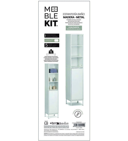 MobleKit white bathroom cabinet with 30x30x160 cm wooden and metal construction, ideal for bathroom storage.