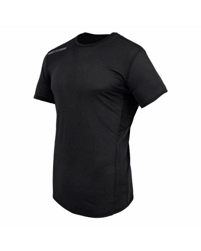 Black Joluvi Athlet short-sleeve sport T-shirt, ideal for outdoor activities like camping and hiking, shown on a model.