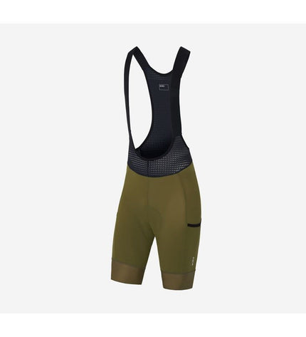 Hiru olive green cargo bibshorts for cycling, sport and outdoor riding, featuring a comfortable fit and functional design.