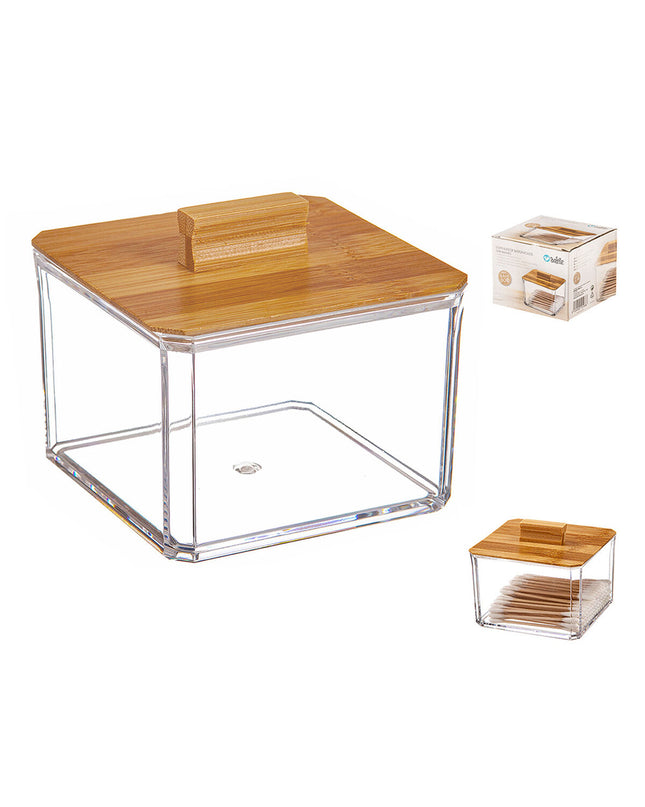 Ballete bamboo makeup organizer for bathroom or kitchen, 9.5 x 9.5 x 8 cm, with compartments for cosmetics and toiletries.