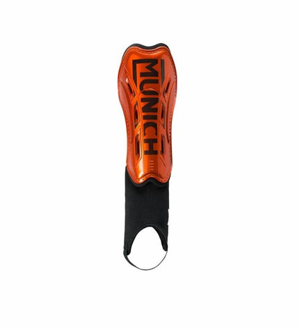Orange Munich football shin guards with black straps, designed for sport and outdoor soccer, size medium.