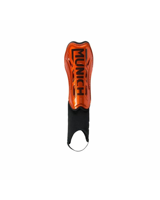 Orange Munich football shin guards with black straps, designed for sport and outdoor soccer, size medium.